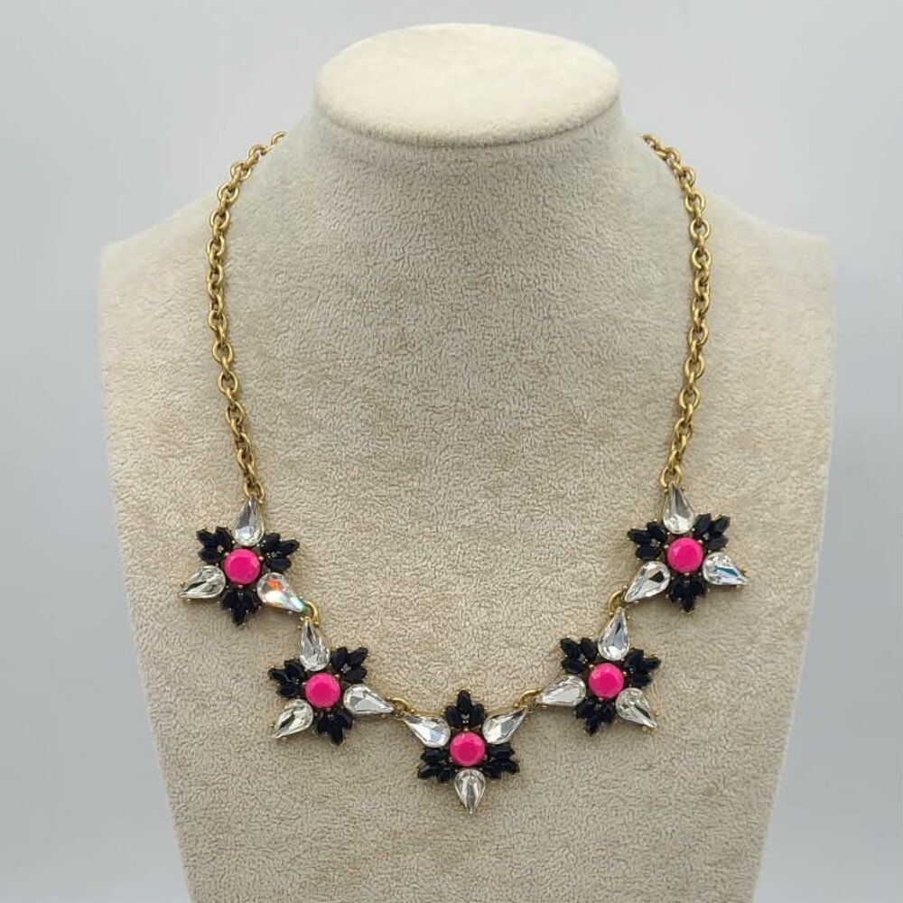 J Crew Pink Navy Clear Crystal Resin Gold Tone Necklace